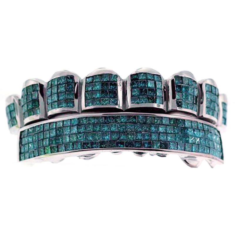Blue princess cut diamond, horizontal invisible set grill