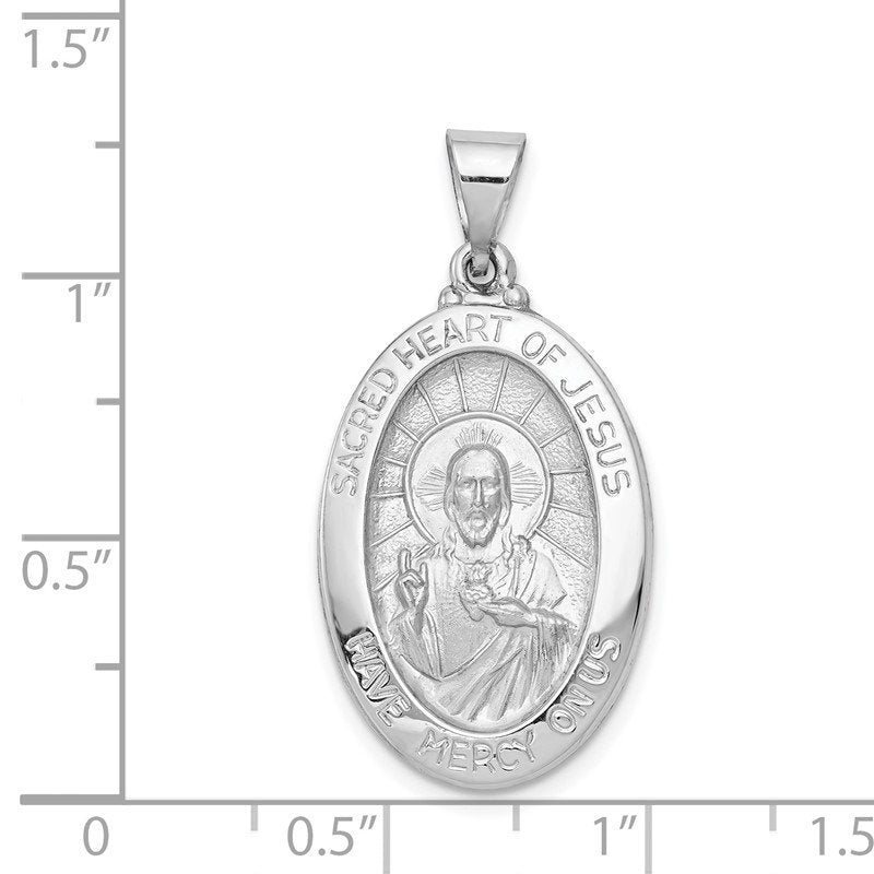 14K White Gold Polished and Satin Hollow Sacred Heart Jesus Oval Pendant