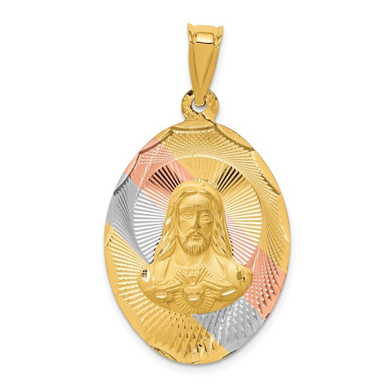 14K with Rose and White Rhodium Diamond-cut Solid Large Sagrado Corazon de Jesus Oval Pendant