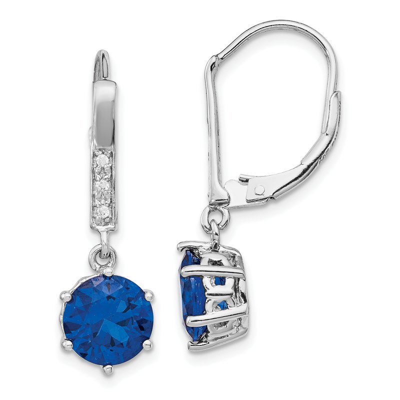 Sterling Silver Rhodium-plated Brilliant-cut Lab Created Dark Blue Spinel and Brilliant-cut White CZ Leverback Dangle Earrings