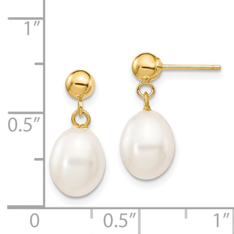 14k 7-8mm White Rice Freshwater Cultured Pearl Post Dangle Earrings