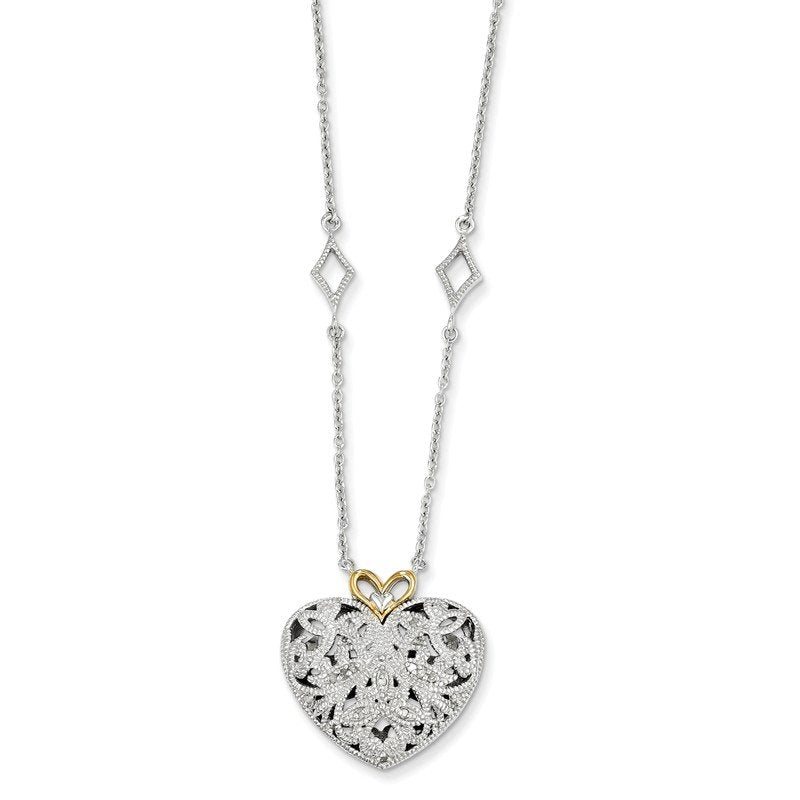Sterling Silver Rhodium-plated with 14K Accent 18 Inch Diamond Vintage Heart Necklace