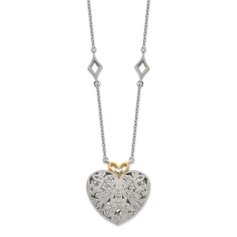 Sterling Silver Rhodium-plated with 14K Accent 18 Inch Diamond Vintage Heart Necklace