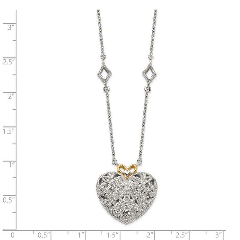 Sterling Silver Rhodium-plated with 14K Accent 18 Inch Diamond Vintage Heart Necklace
