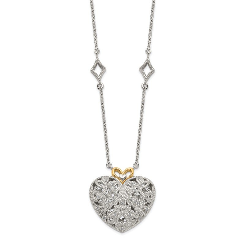 Sterling Silver Rhodium-plated with 14K Accent 18 Inch Diamond Vintage Heart Necklace