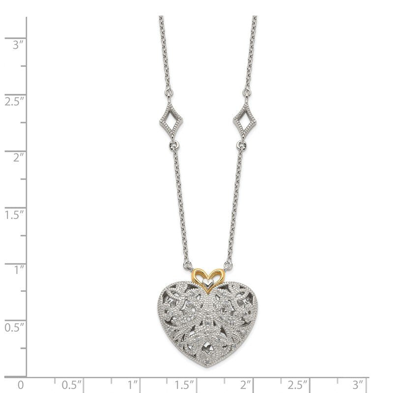 Sterling Silver Rhodium-plated with 14K Accent 18 Inch Diamond Vintage Heart Necklace