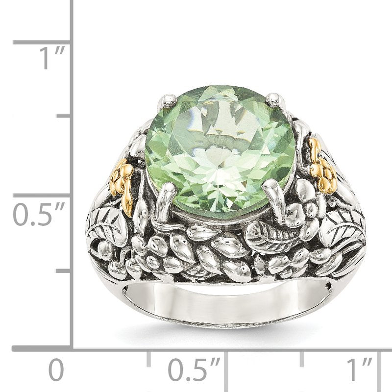 Sterling Silver with 14K Accent Antiqued Round Green Quartz Ring