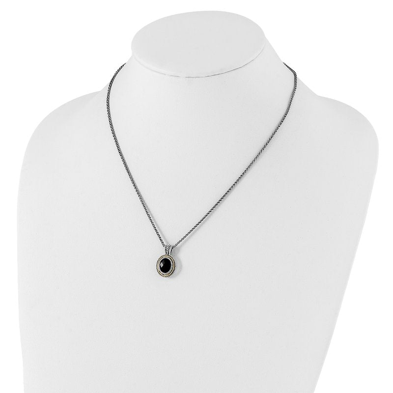 Sterling Silver with 14K Accent 18 Inch Antiqued Checkerboard-cut Black Onyx Necklace