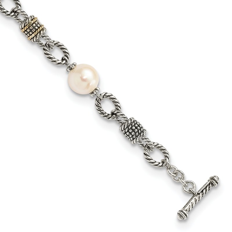 Sterling Silver with 14K Accent 7.5 Inch Antiqued 10-10.5mm Freshwater Cultured Pearl Bracelet