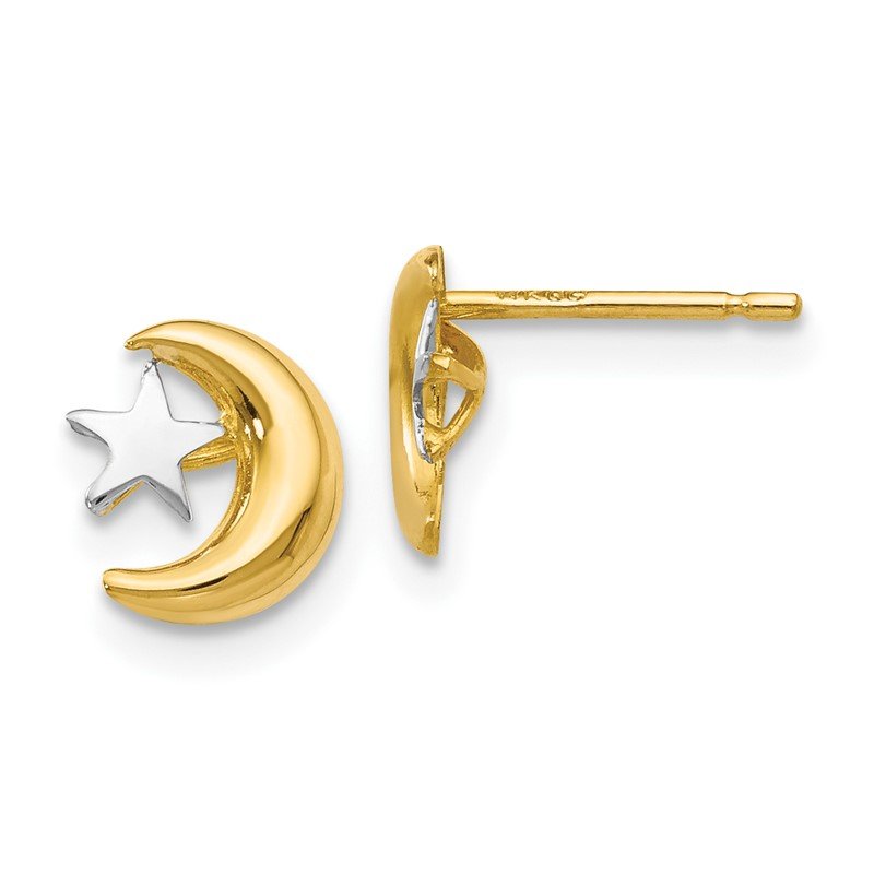 14k Polished &amp; Rhodium Moon &amp; Star Post Earrings