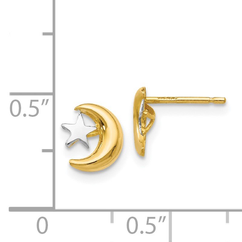 14k Polished &amp; Rhodium Moon &amp; Star Post Earrings