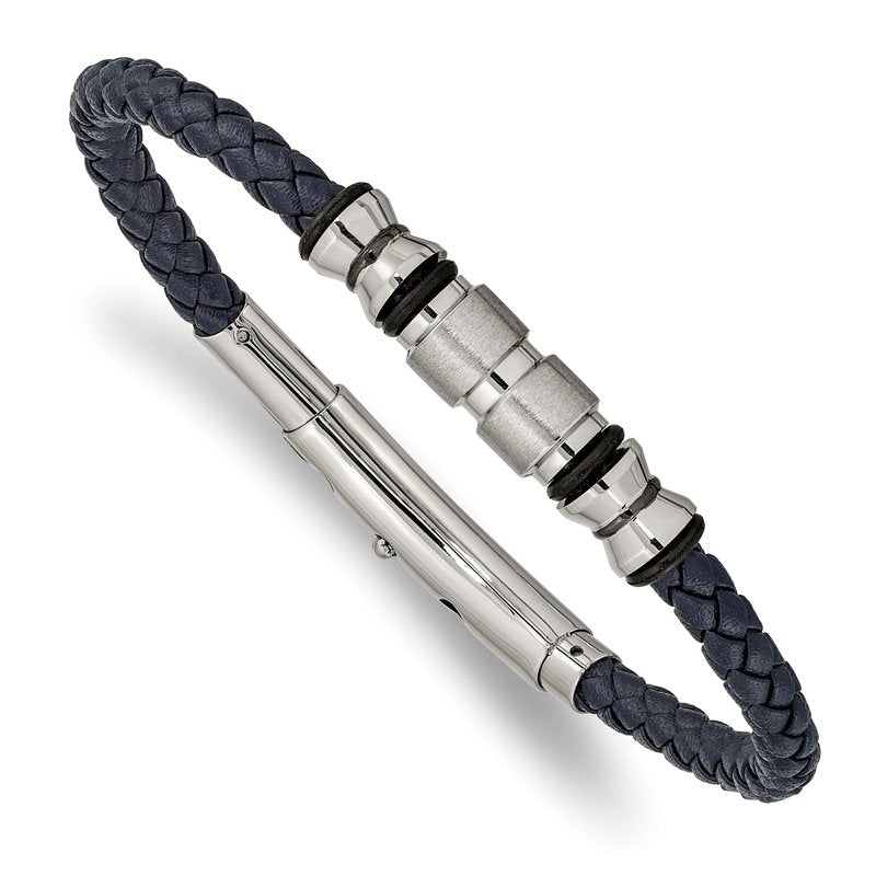 Stainless Steel Brushed and Polished Black IP-plated with Rubber Blue Braided Leather Adjustable 7.75 to 8.25 inch Bracelet
