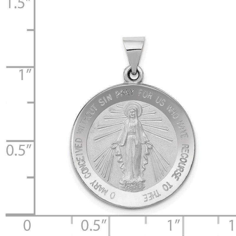 14k White Gold Polished and Satin Hollow Miraculous Medal Round Pendant