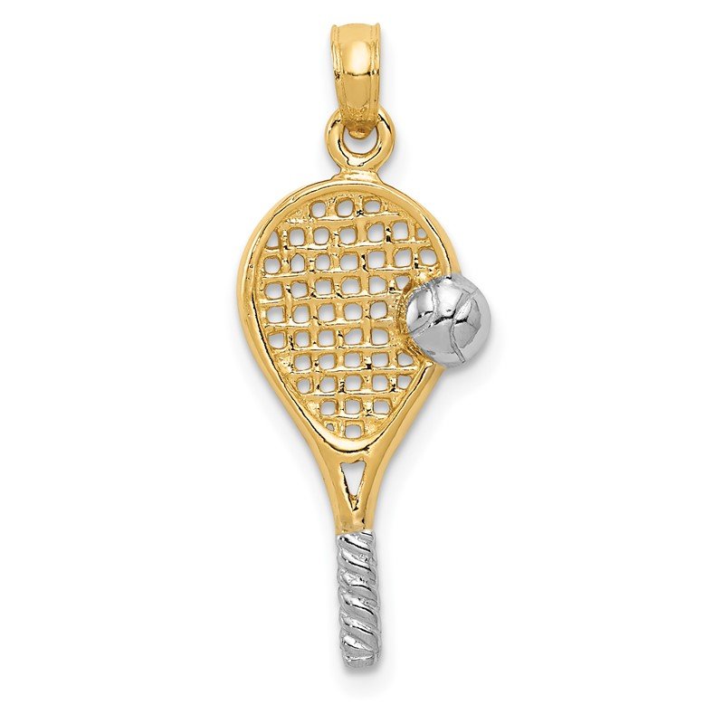 14k and White Rhodium Polished Tennis Racquet and Ball Pendant