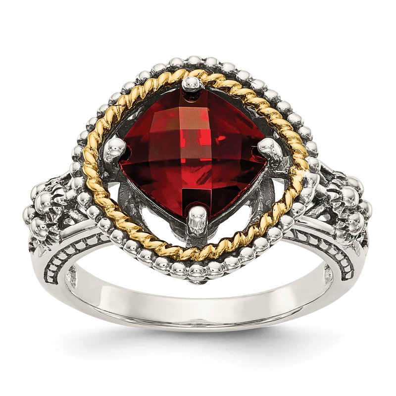 Sterling Silver with 14K Accent Antiqued Checkerboard Cushion Garnet Ring