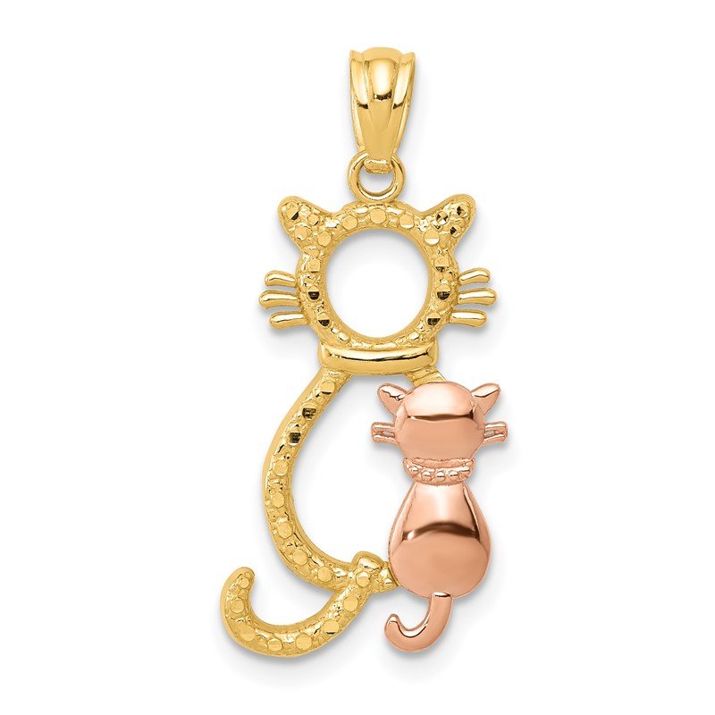 14k Two-tone Polished Diamond-cut Big and Little Sitting Cats Pendant
