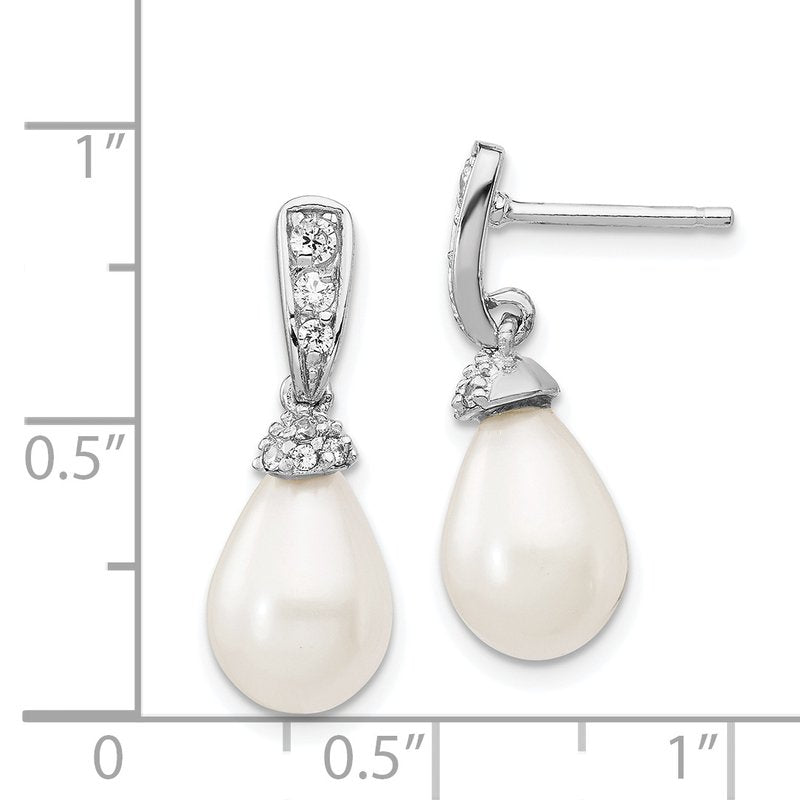 Sterling Silver Rhodium-plated Teardrop White Freshwater Cultured Pearl and Brilliant-cut CZ Post Dangle Earrings
