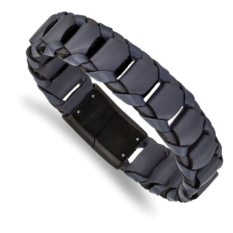 Stainless Steel Brushed Black IP-plated Blue Leather 8.5 inch Bracelet