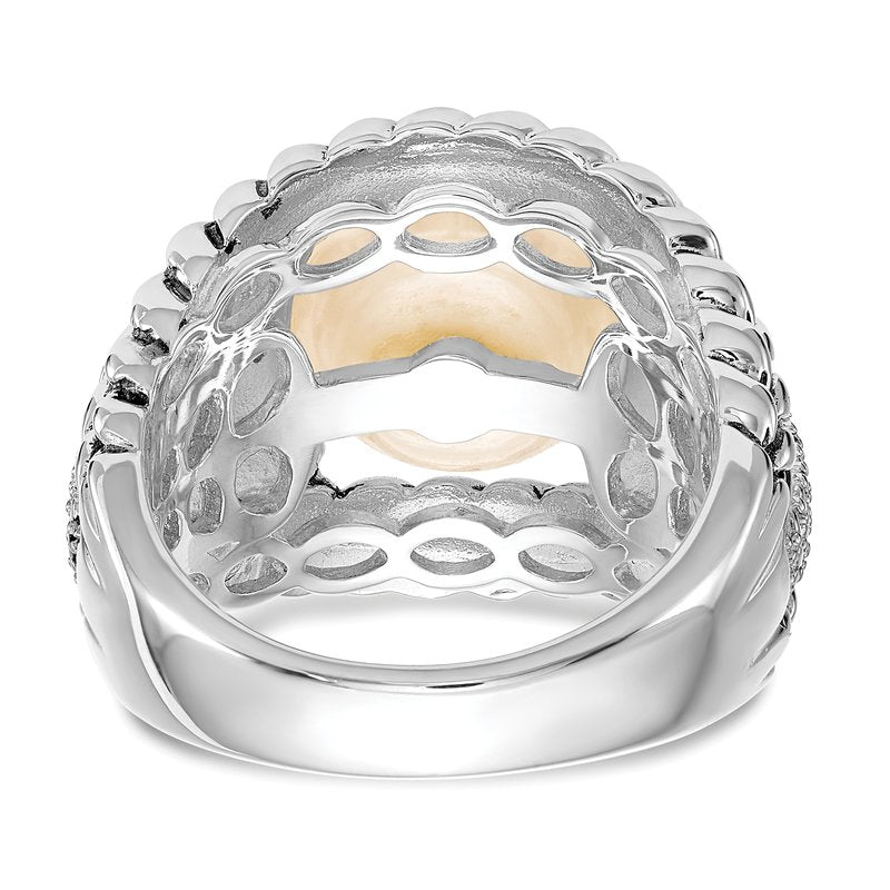 Sterling Silver Antiqued Freshwater Cultured Pearl and Diamond Ring