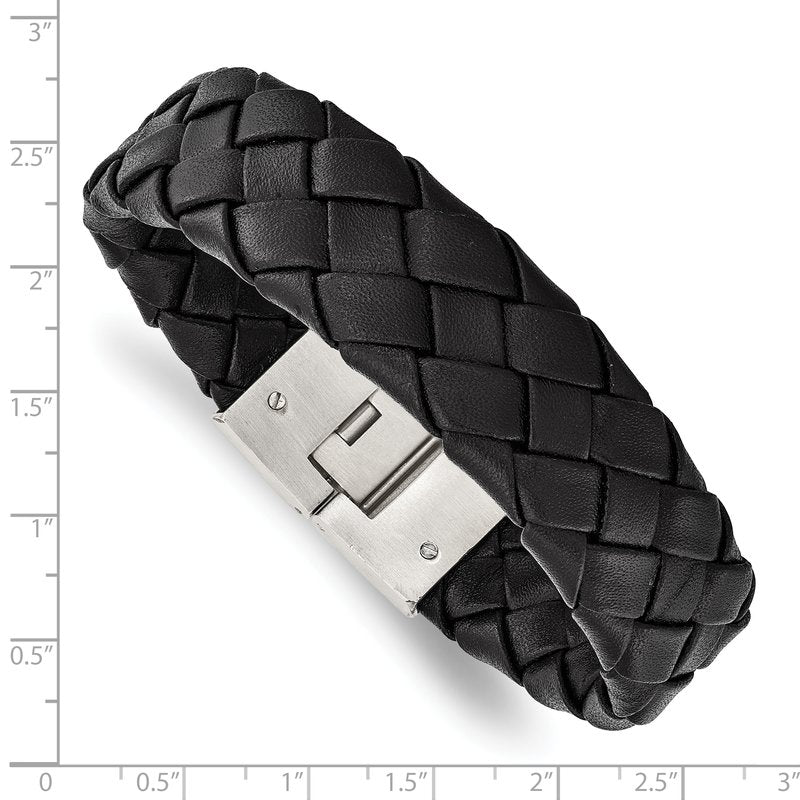 Stainless Steel Brushed Black Leather 8.5 inch Bracelet
