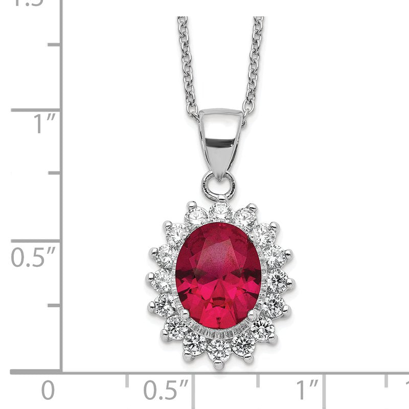 Sterling Silver Rhodium-plated Brilliant-cut Lab Created Ruby and Brilliant-cut White CZ Oval Halo 18.25 Inch Necklace