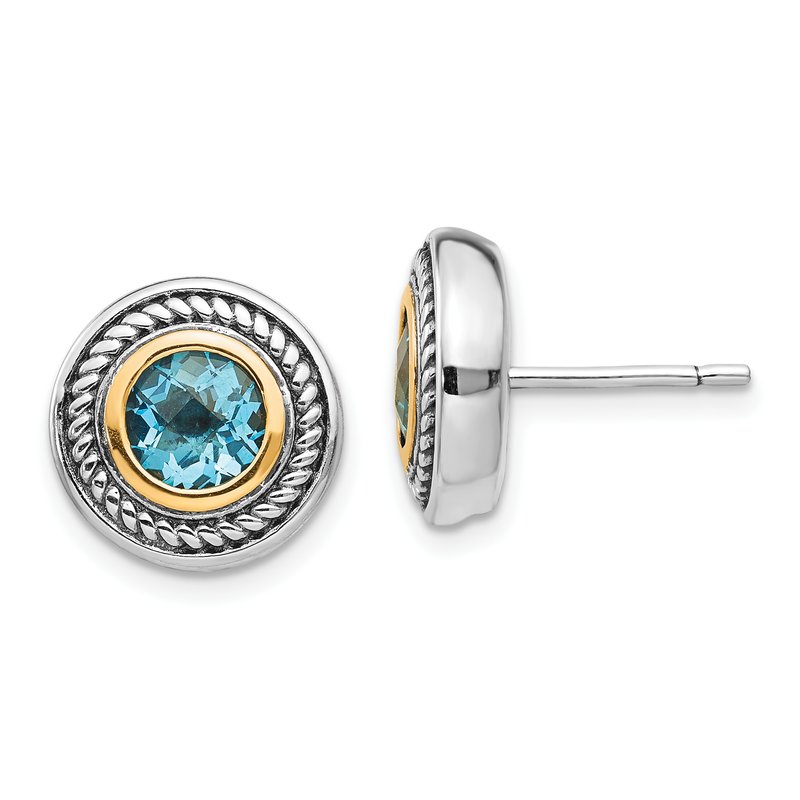 Sterling Silver with 14K Accent Antiqued Round Blue Topaz Post Earrings