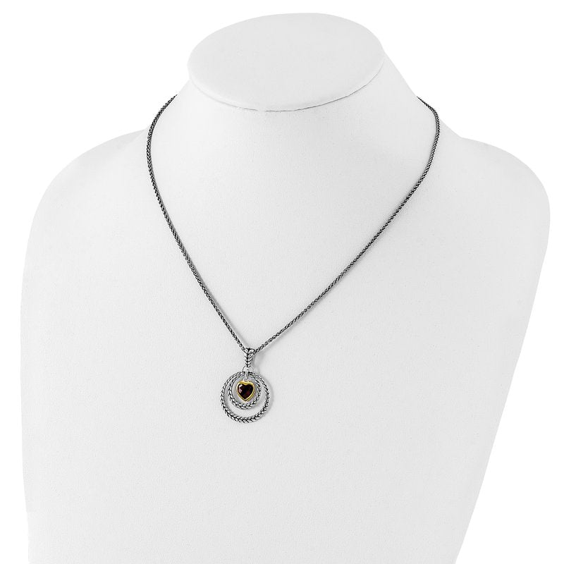 Sterling Silver Gold-tone Flash Gold-plated 18 Inch Antiqued Checkerboard Garnet Heart Necklace