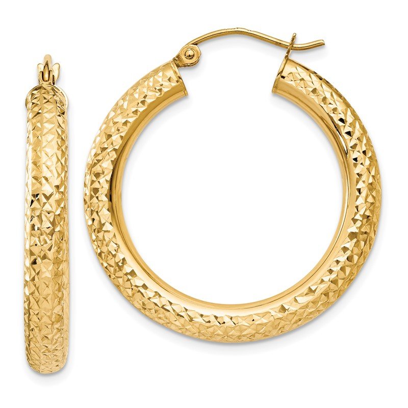 14k 4x30mm Diamond-cut Round Tube Hoop Earrings