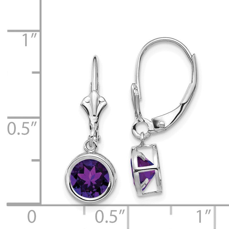 14k White Gold 6mm Round Amethyst Bezel Leverback Dangle Earrings