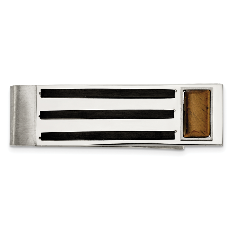 Stainless Steel Brushed and Polished Black IP-plated with Tiger's Eye Money Clip