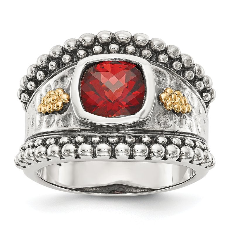 Sterling Silver with 14K Accent Antiqued Cushion Bezel Garnet Ring