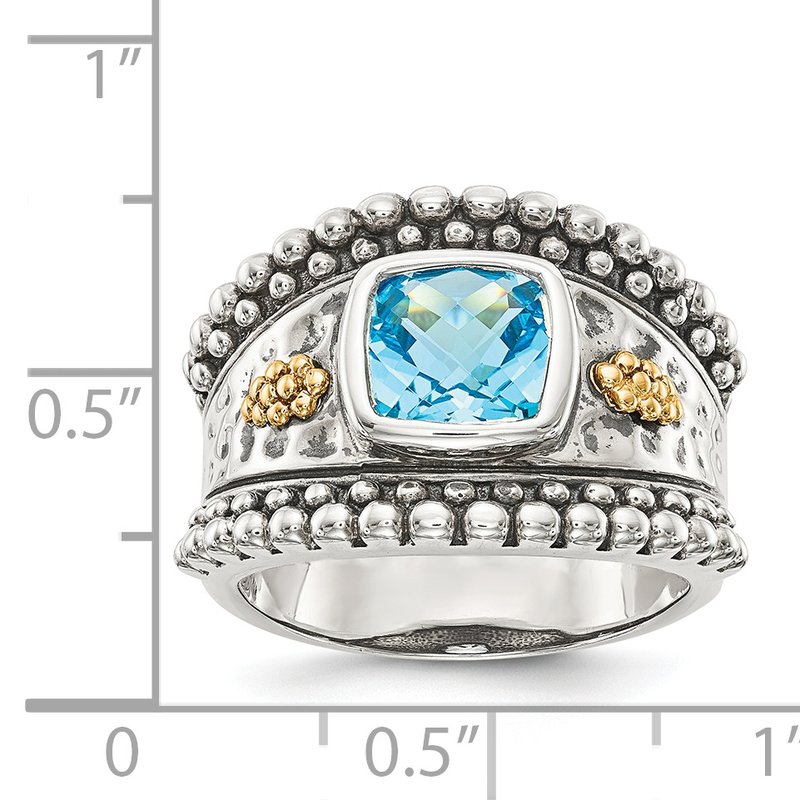 Sterling Silver with 14K Accent Antiqued Checkerboard Bezel Blue Topaz Ring