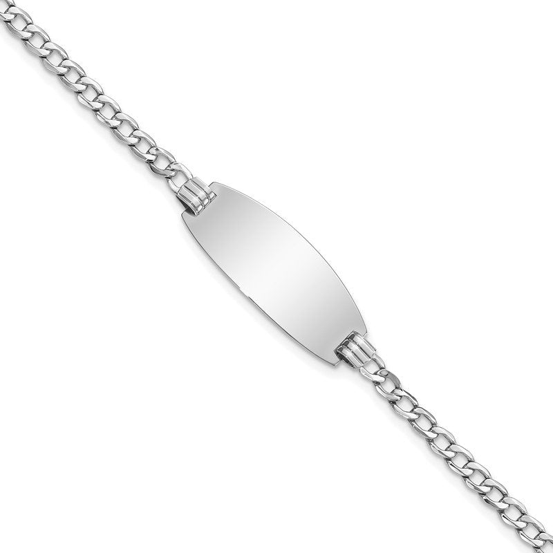 14k White Gold Polished Semi-Solid Chain/Solid Plate Curb Link Oval 25x11.5mm Plate 7 inch ID Bracelet
