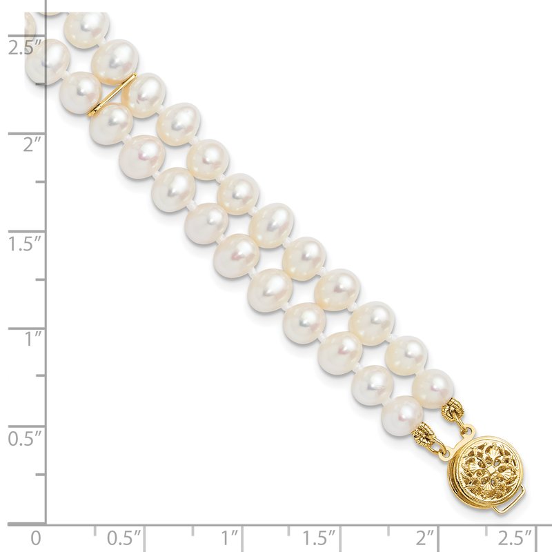 14k 5-6mm White Near-Round Freshwater Cultured Pearl 2-Strand 7.5 inch Bracelet