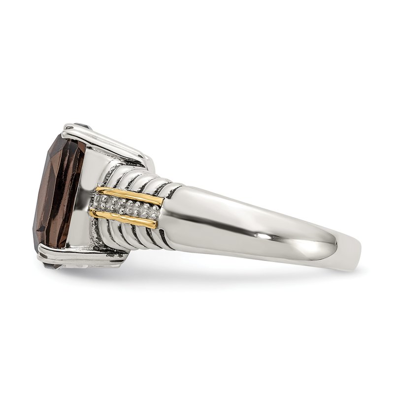 Sterling Silver with 14K Accent Antiqued Cushion Smoky Quartz and Diamond Ring