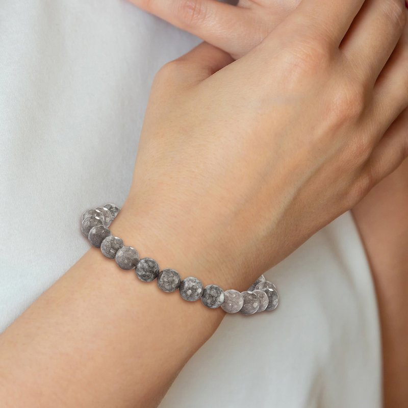 Stainless Steel Polished 8mm Light Brown Jade Beaded Stretch Bracelet