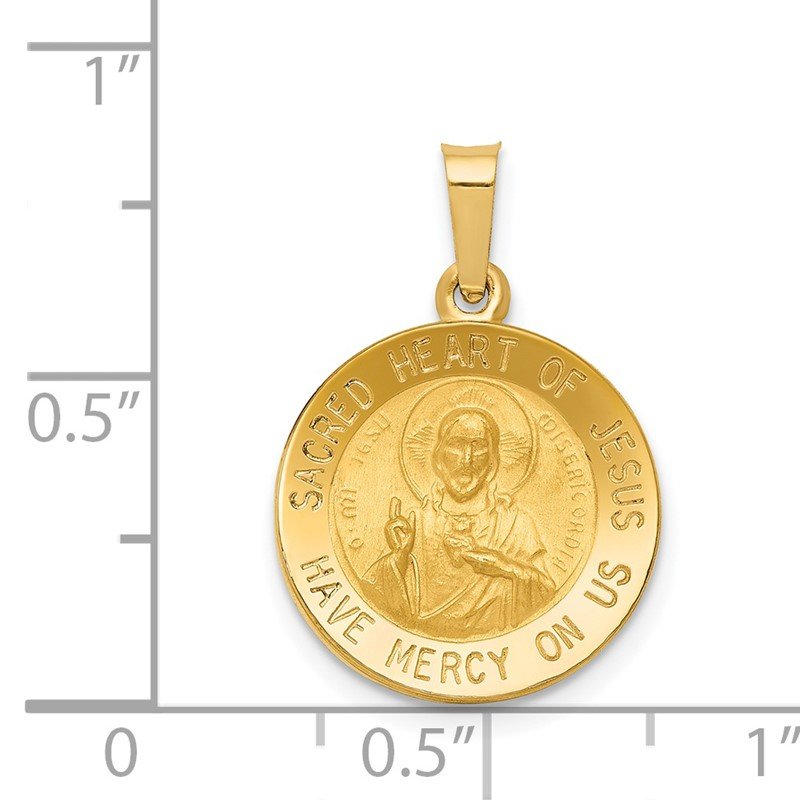 14k Polished and Satin Hollow Sacred Heart of Jesus Medal Round Pendant