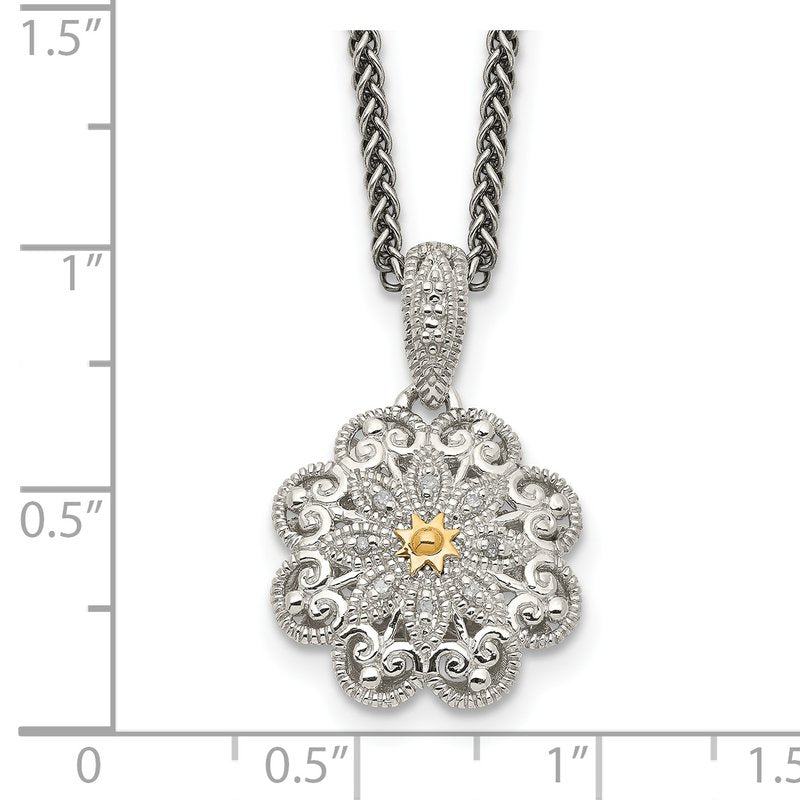 Sterling Silver Antiqued with 14K Accent 18 Inch Diamond Vintage Flower Necklace
