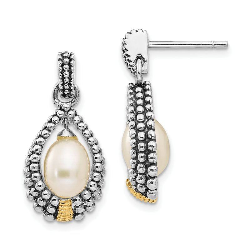 Sterling Silver with 14K Accent Antiqued 7x5mm Freshwater Cultured Pearl Post Drop Earrings