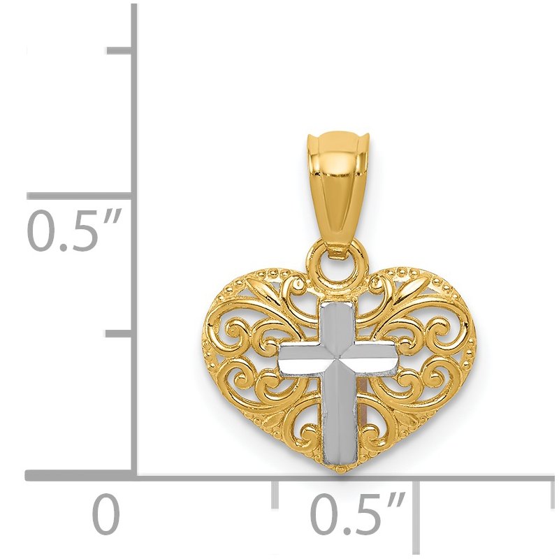 14k and White Rhodium Cross in Filigree Heart Pendant