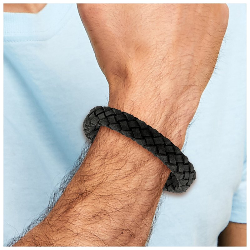 Stainless Steel Brushed Black Braided Leather 8.25 inch Bracelet