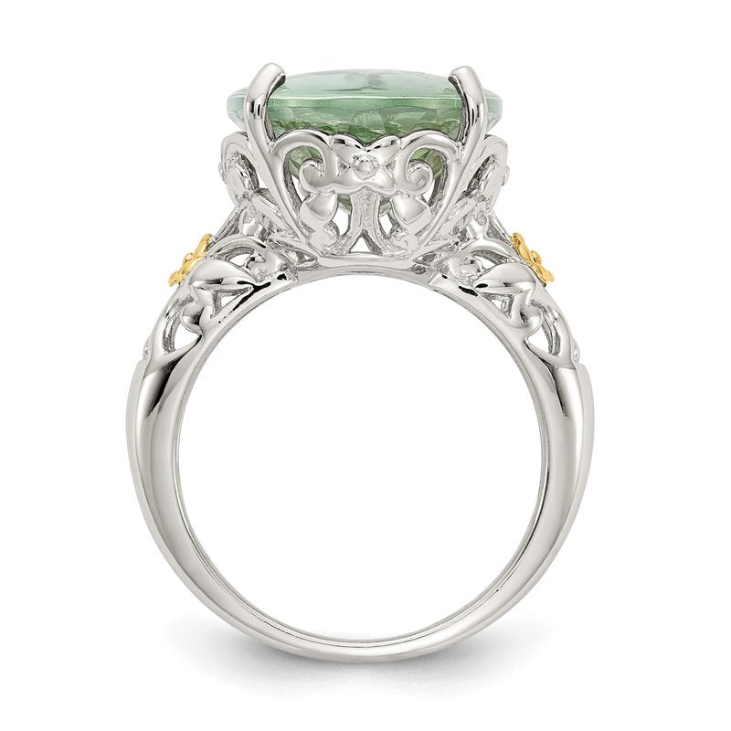 Sterling Silver Rhodium-plated with 14K Accent Oval Green Quartz Ring