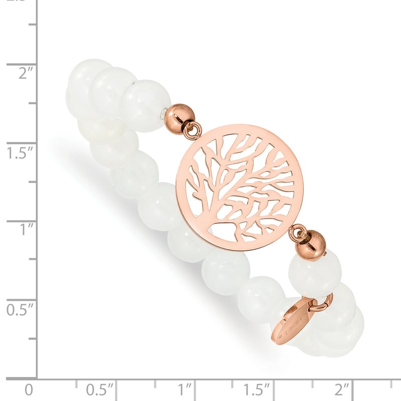Stainless Steel Polished Rose IP-plated Tree of Life 8mm White Jade Beaded Stretch Bracelet