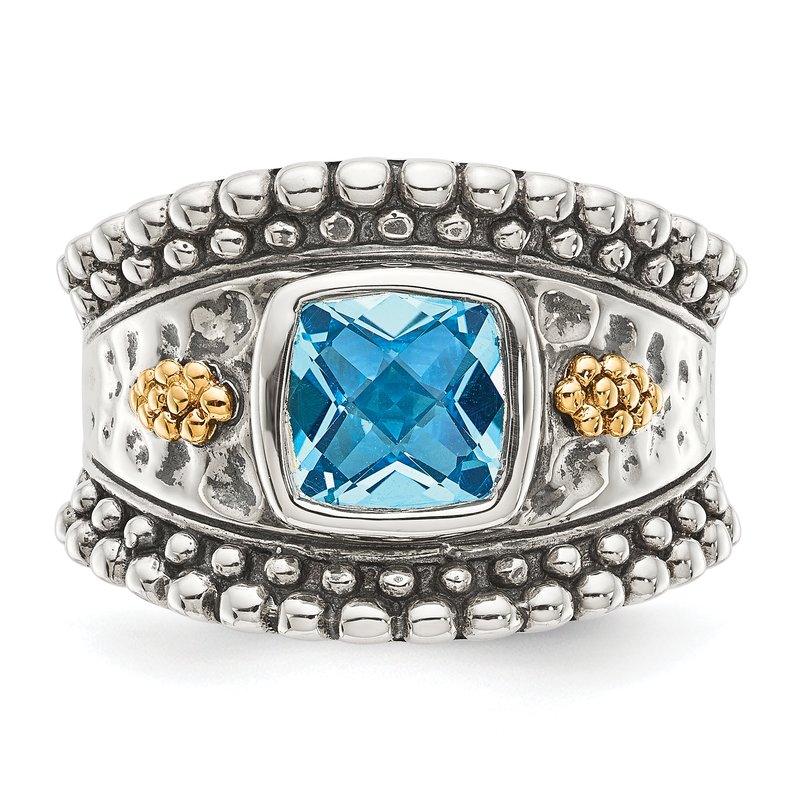 Sterling Silver with 14K Accent Antiqued Checkerboard Bezel Blue Topaz Ring