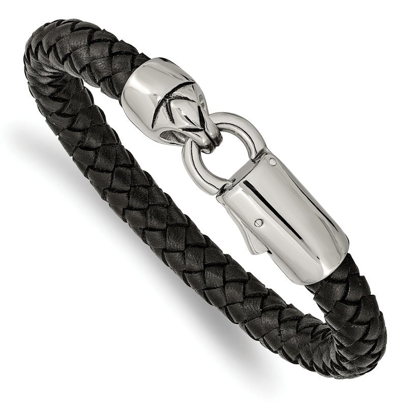 Stainless Steel Antiqued and Polished Black Braided Leather 8.25 inch Bracelet