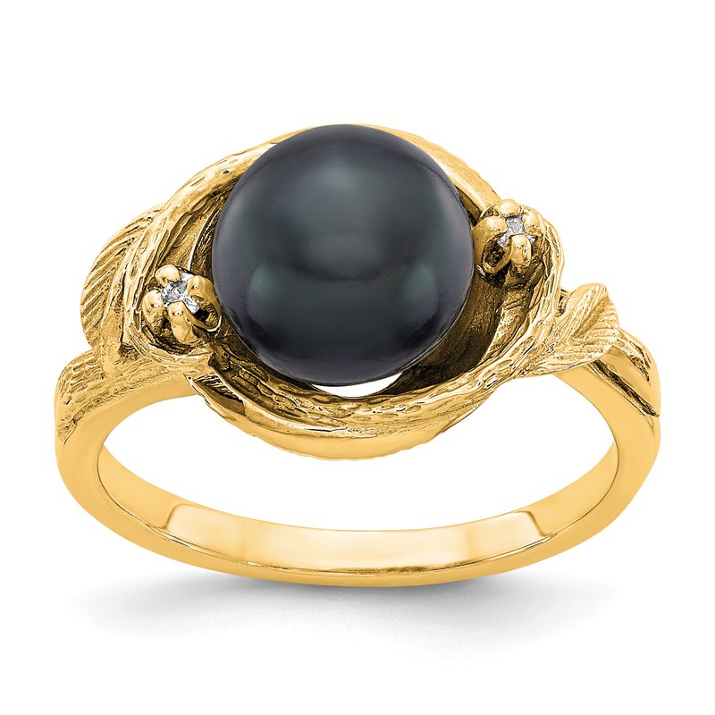14k 7.5mm Black FW Cultured Pearl AA Diamond ring