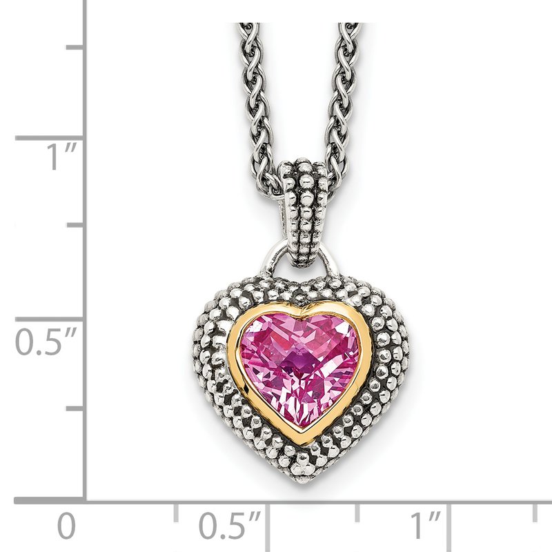 Sterling Silver with 14K Accent 18 Inch Antiqued Heart Bezel Created Pink Sapphire Necklace