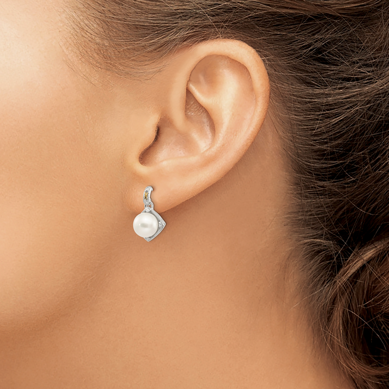 Sterling Silver Rhodium-plated with 14K Accent 7.5-8mm Freshwater Cultured Pearl and Diamond Dangle Post Earrings