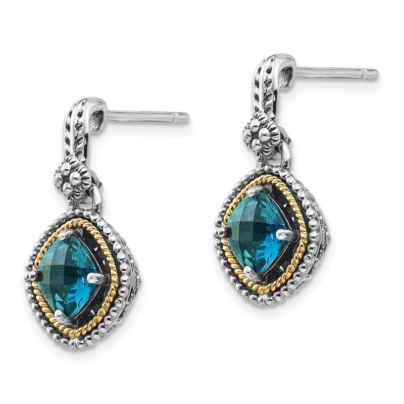 Sterling Silver with 14K Accent Antiqued Cushion London Blue Topaz Post Dangle Earrings