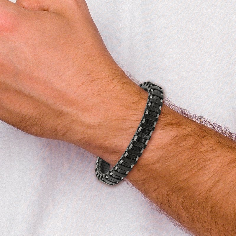 Stainless Steel Brushed Cable and Black Leather 8.5 inch Bracelet